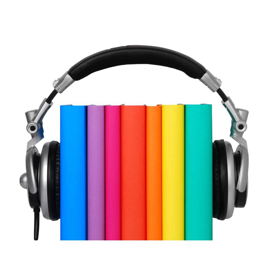 ocho libros de colores muy vivos sujetando unos auriculares de color negro